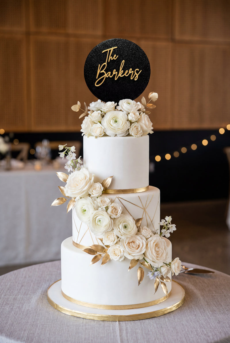 Custom Wedding Cake Topper with Shimmering Backing, Personalized Last Name Cake Topper, Modern Script Wedding Decor, Bridal Cake Topper