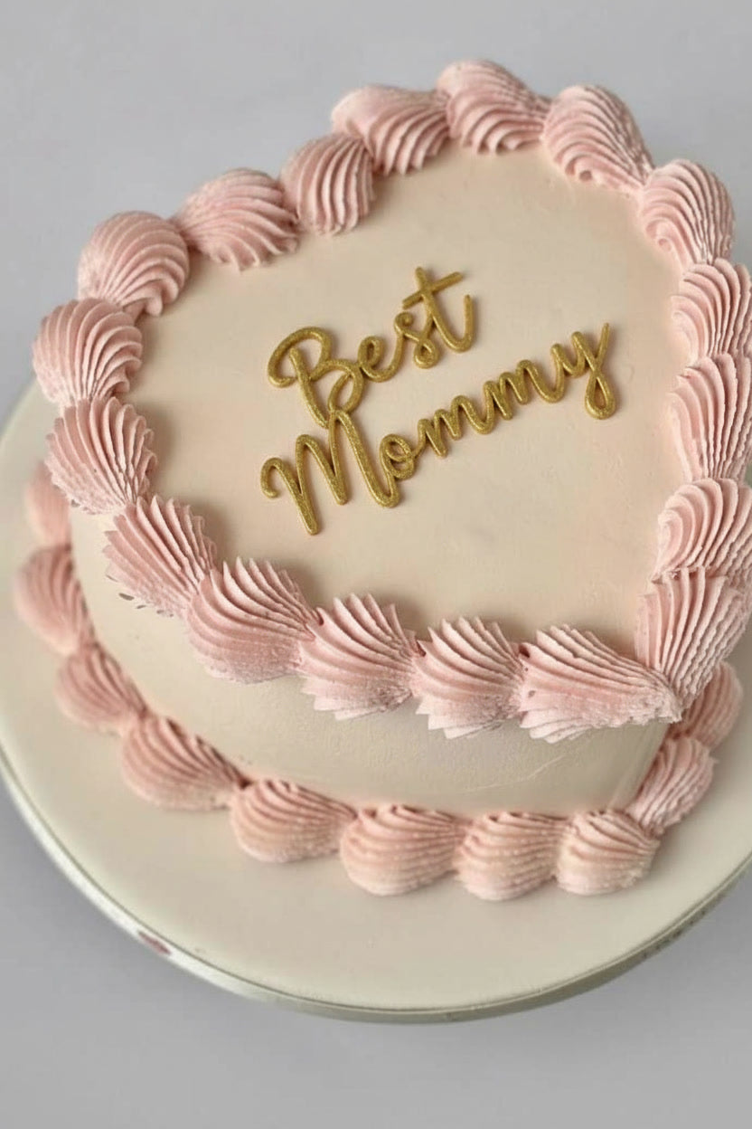Custom cake toppers Best Mommy acrylic cake topper on pink frosted cake with elegant script design