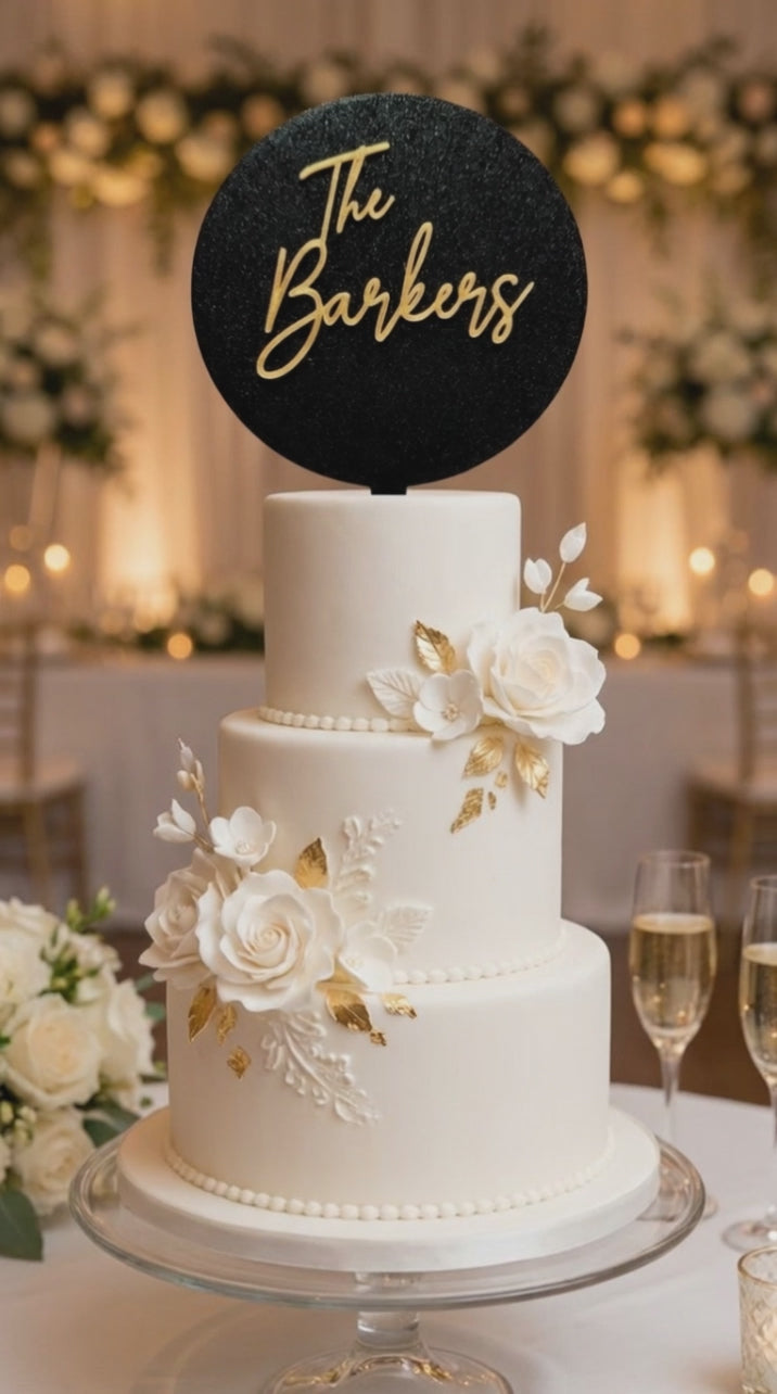 Custom Wedding Cake Topper with Shimmering Backing, Personalized Last Name Cake Topper, Modern Script Wedding Decor, Bridal Cake Topper