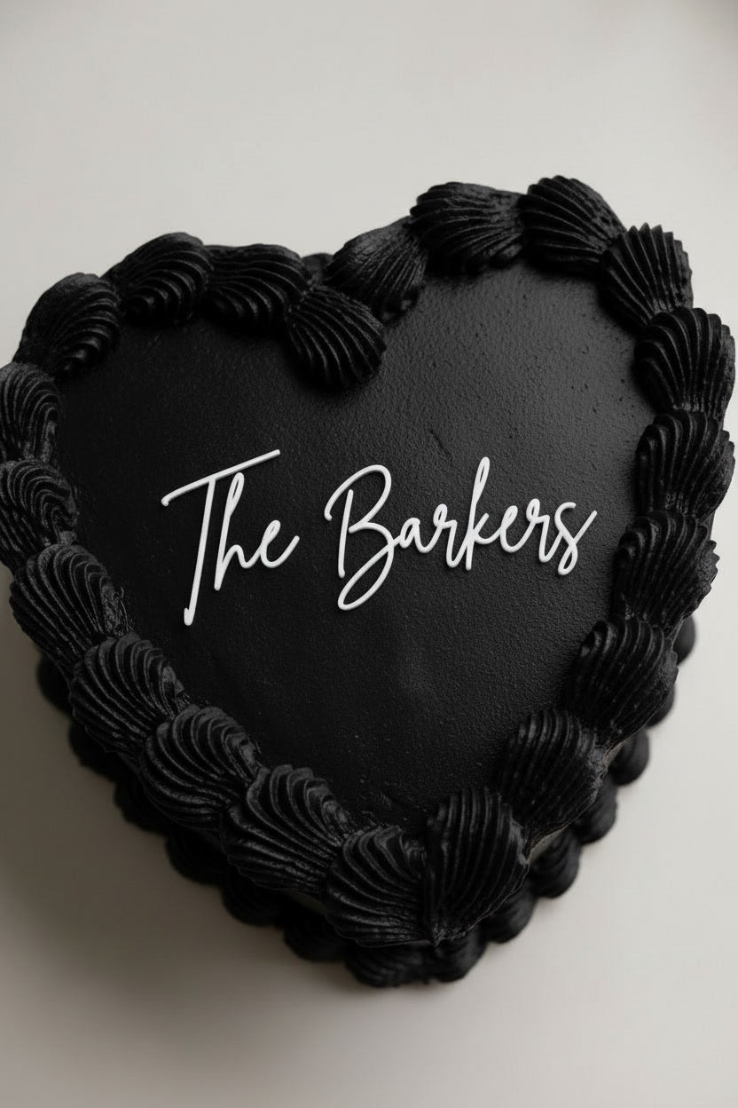 Wedding cake toppers personalized acrylic last name sign “The Barkers” on black heart shaped wedding cake with textured frosting on white background